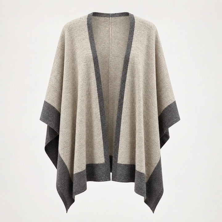 Halvera Merino Wool Poncho — Beige & Charcoal (apparel solo)
