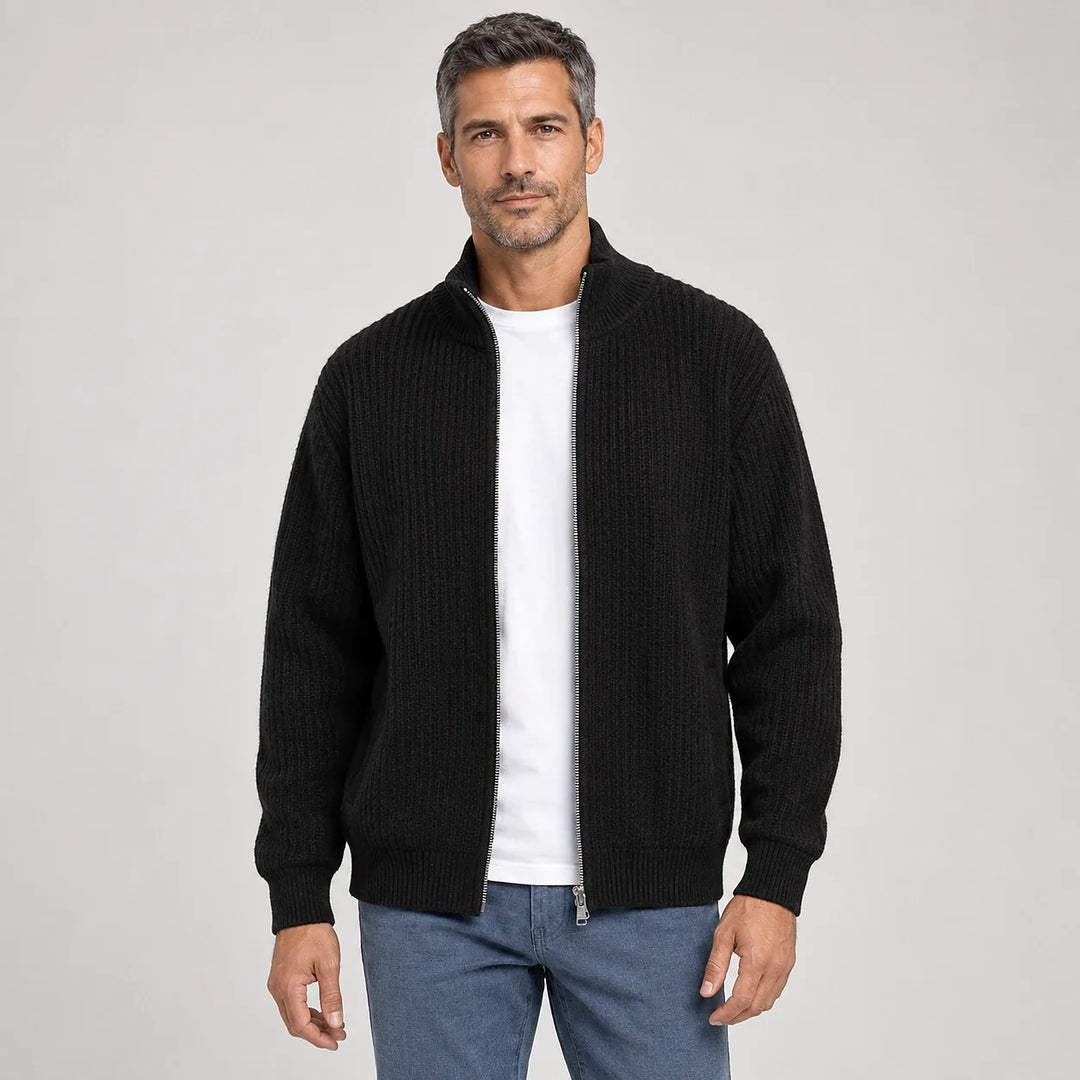 Daxton Ribbed Knit Cardigan — Black (apparel front)