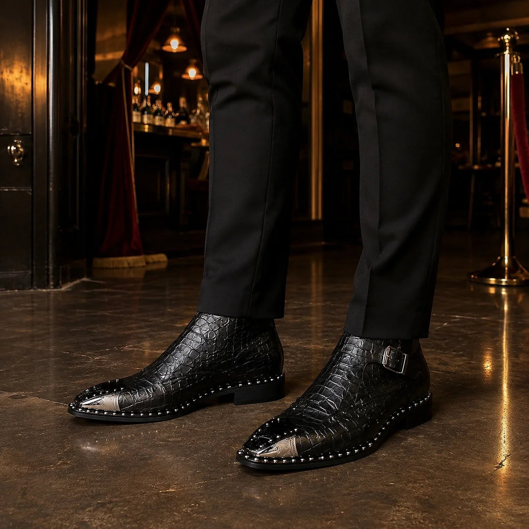 Dravek Leather Monk Strap Boots — Black Crocodile (footwear environment 1)