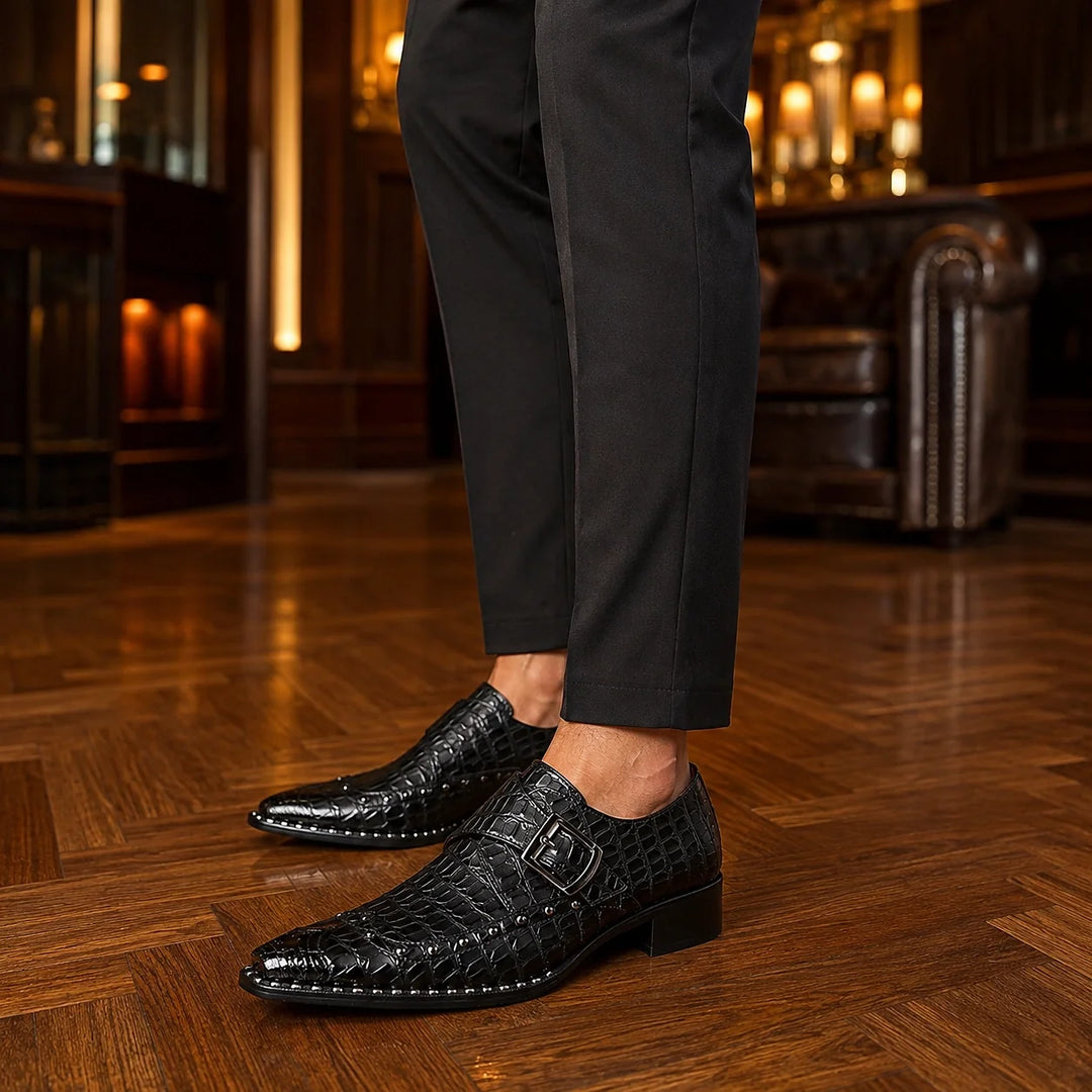 Draven Leather Monk Strap Loafers — Black Crocodile (footwear environment 1)