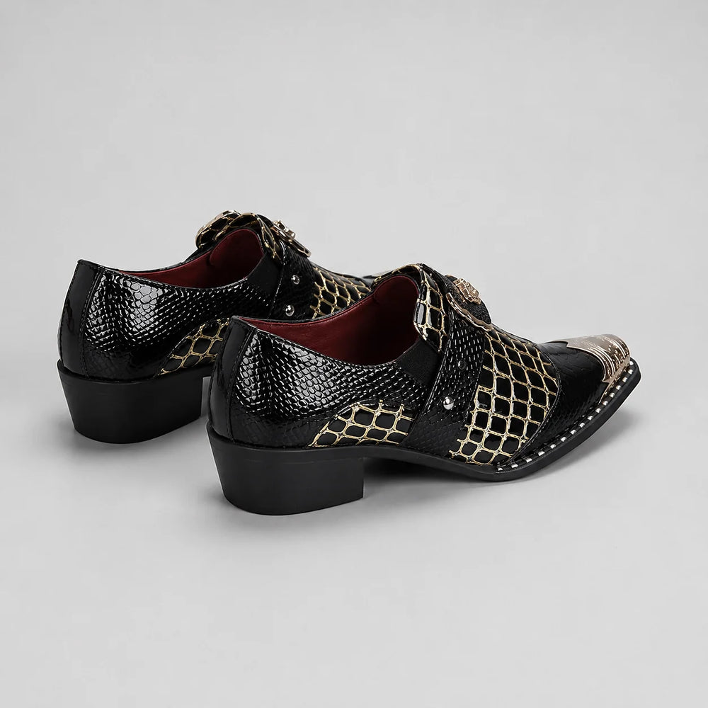 Drakos Leather Monk Strap Loafers — Black Crocodile (mens shoe angle)