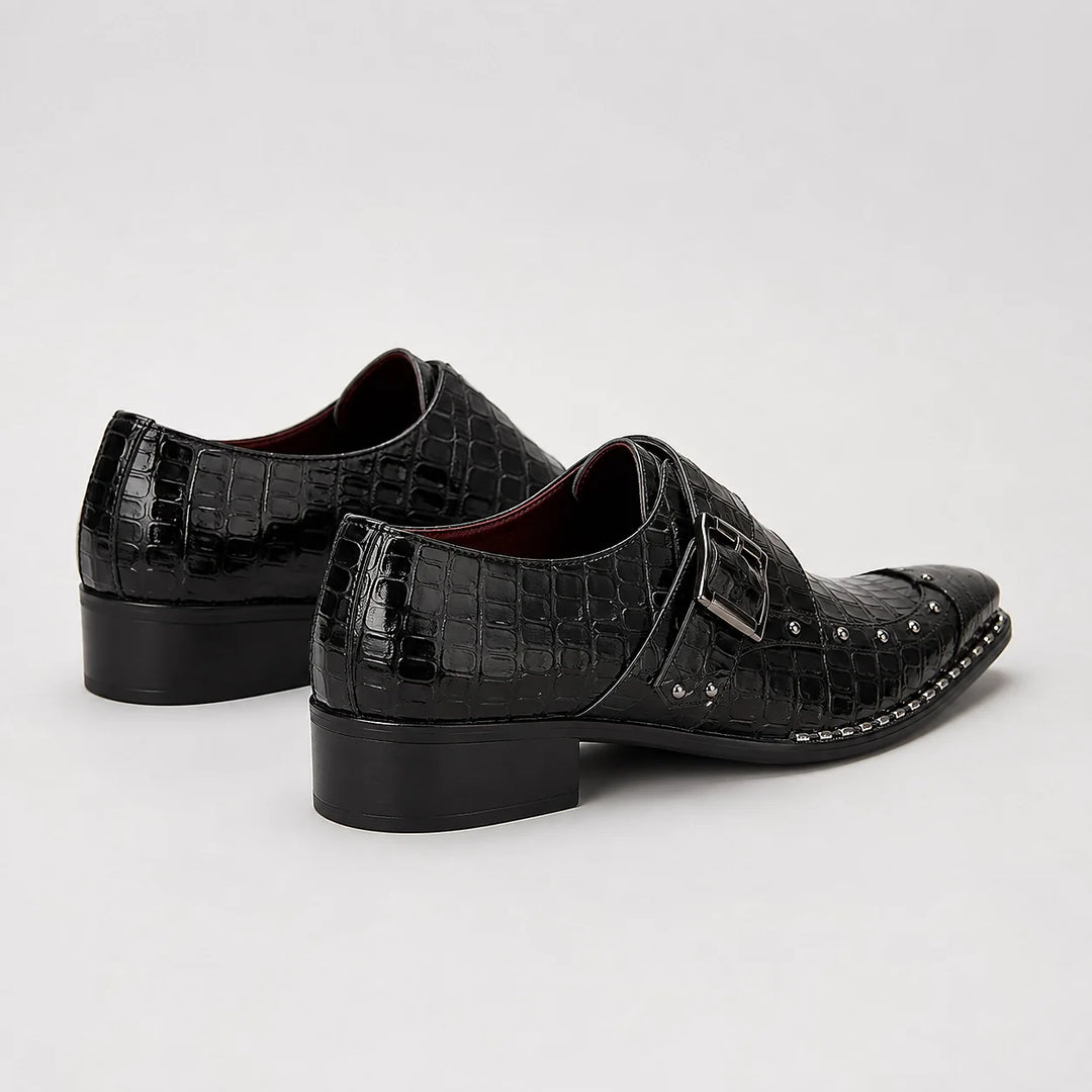 Draven Leather Monk Strap Loafers — Black Crocodile (mens shoe angle)