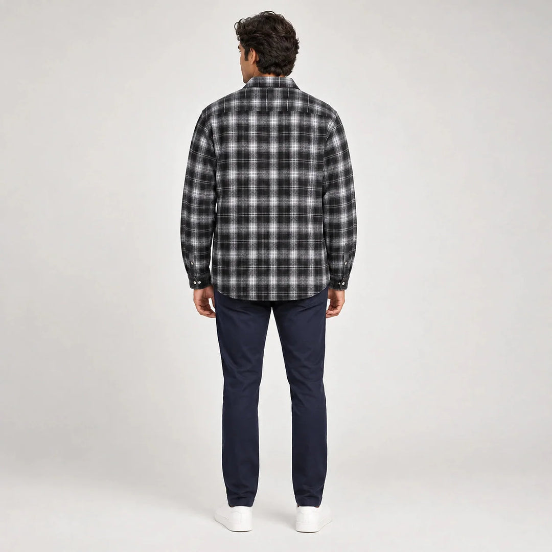 Delvano Plaid Flannel Shirt — Black Grid (apparel back)