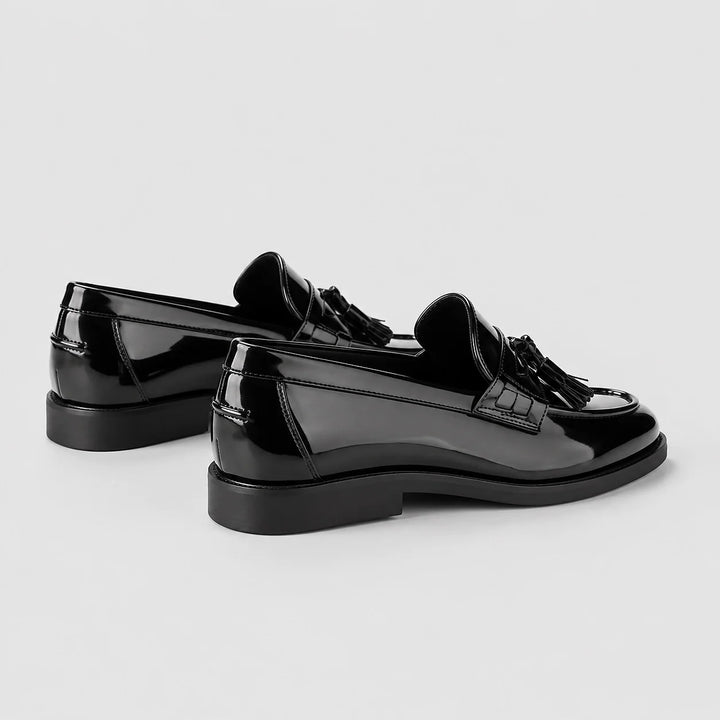 Halcourt Leather Tassel Loafers — Black (mens shoe angle)