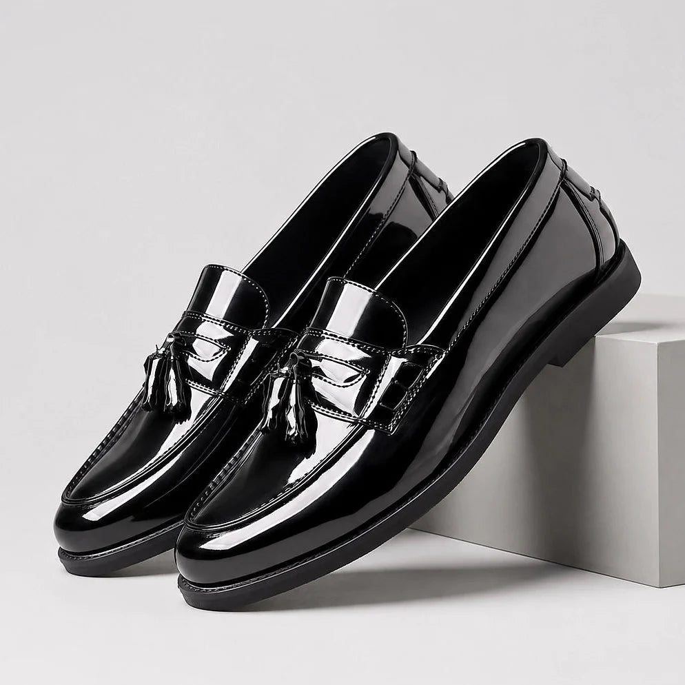 Halcourt Leather Tassel Loafers — Black (mens shoe pedestal)