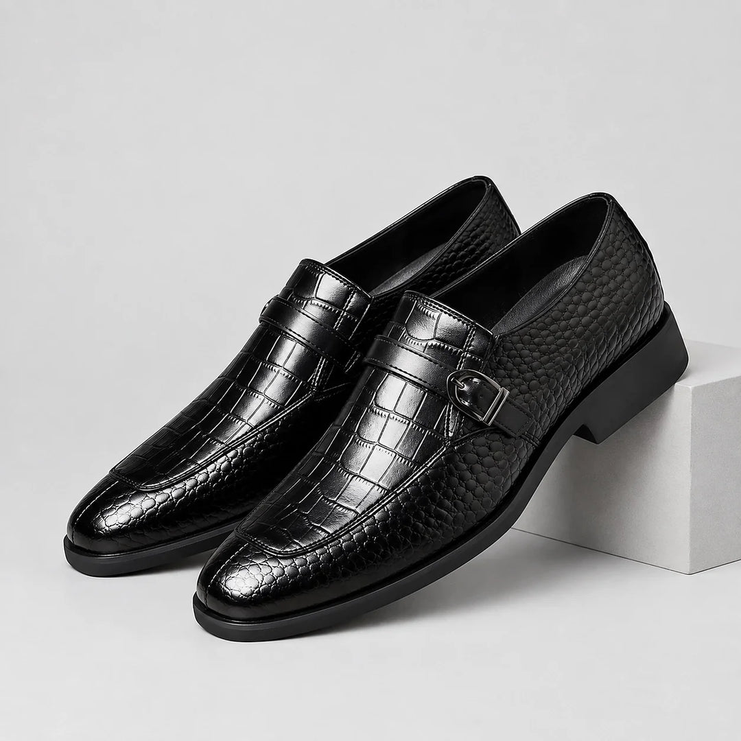 Delvoro Leather Monk Strap Loafers — Black (mens shoe pedestal)