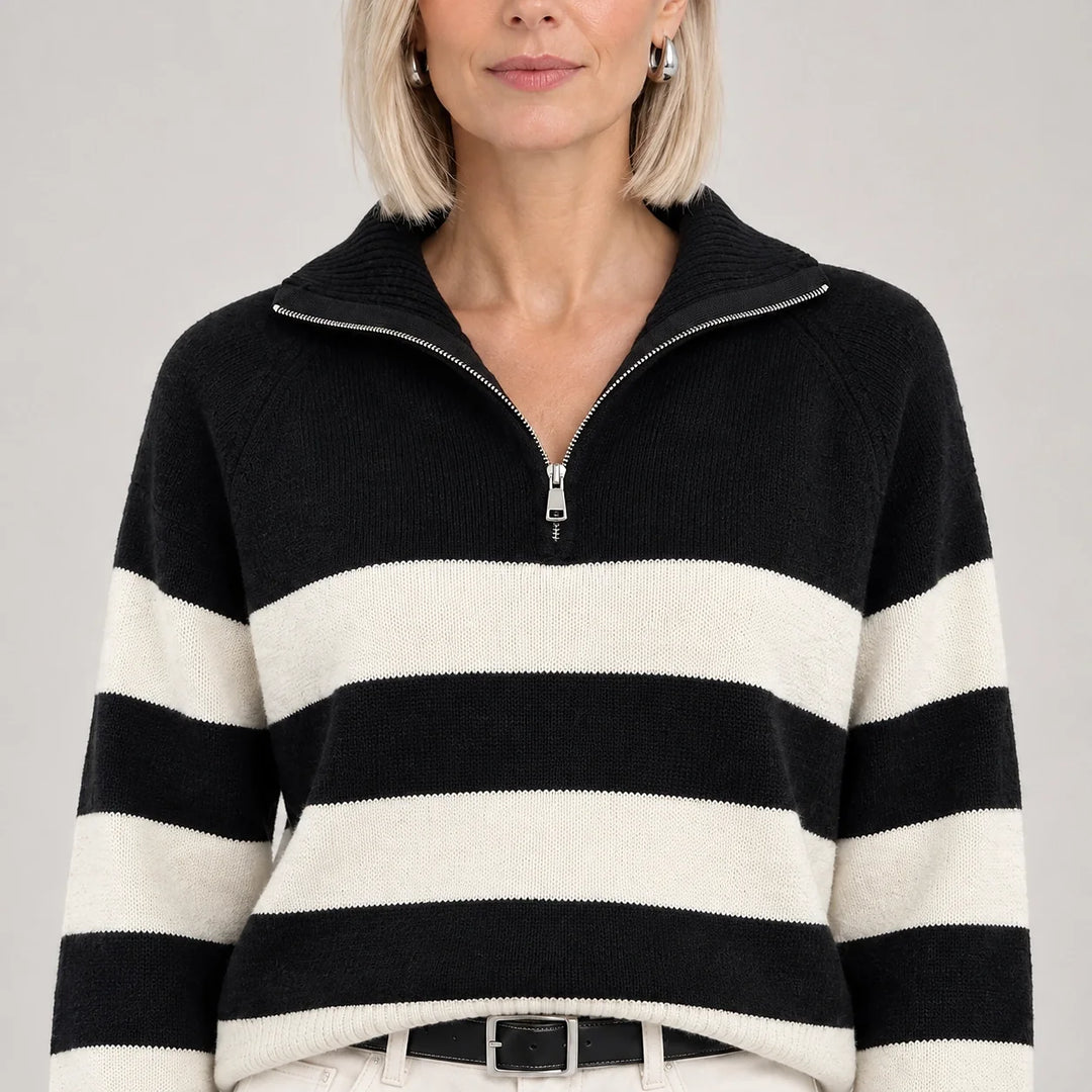 Delrow Striped Half-Zip Sweater — Black Stripes (apparel detail)