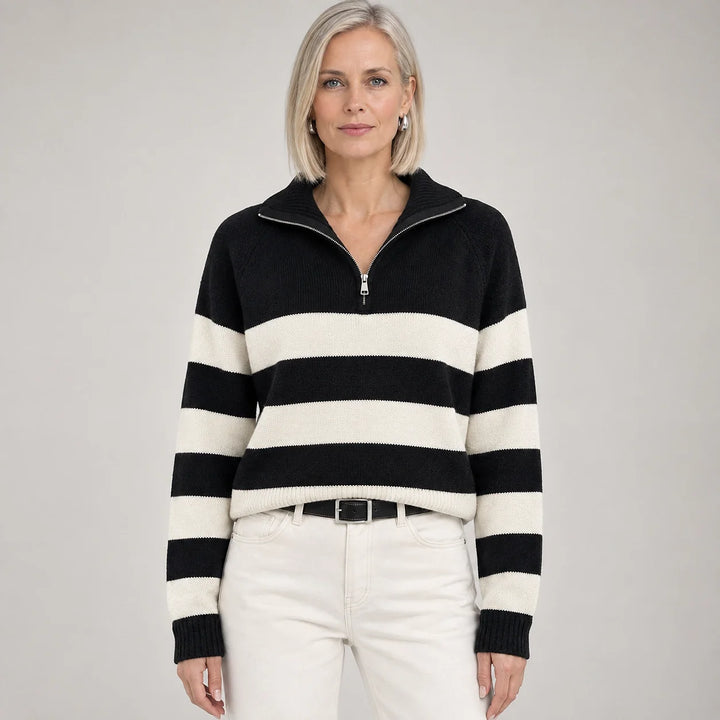 Delrow Striped Half-Zip Sweater — Black Stripes (apparel front)