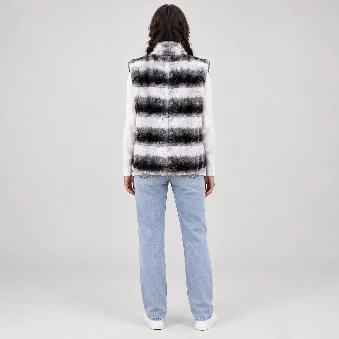 Belara Striped Faux Fur Vest — Black & White (apparel back)