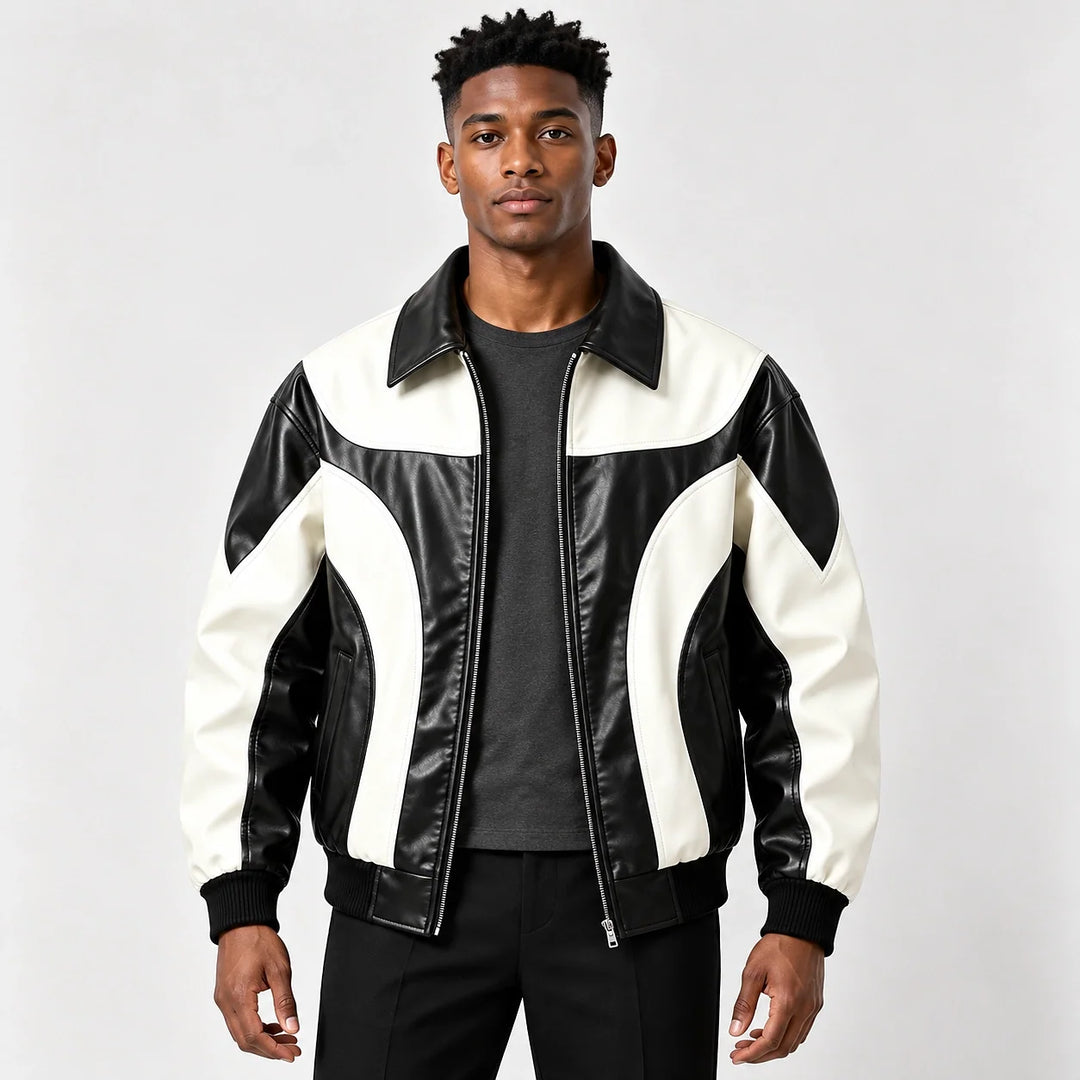 Dovek Leather Bomber Jacket — Black & White (apparel front)