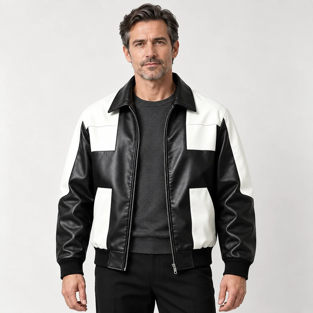 Dahven Leather Bomber Jacket — Black & White (apparel front)