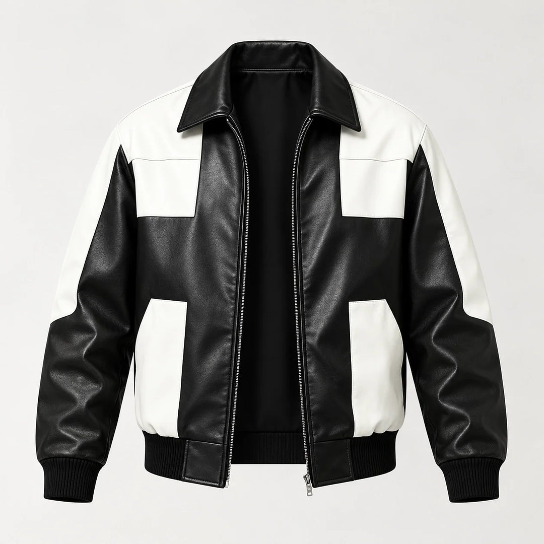 Dahven Leather Bomber Jacket — Black & White (apparel solo)