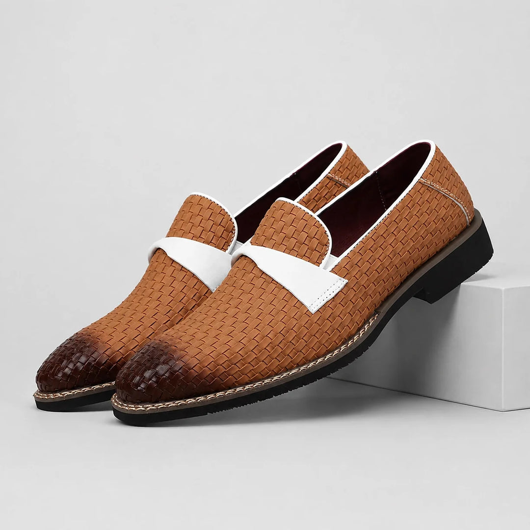 Delvoro Leather Woven Loafers — Blue (mens shoe pedestal)