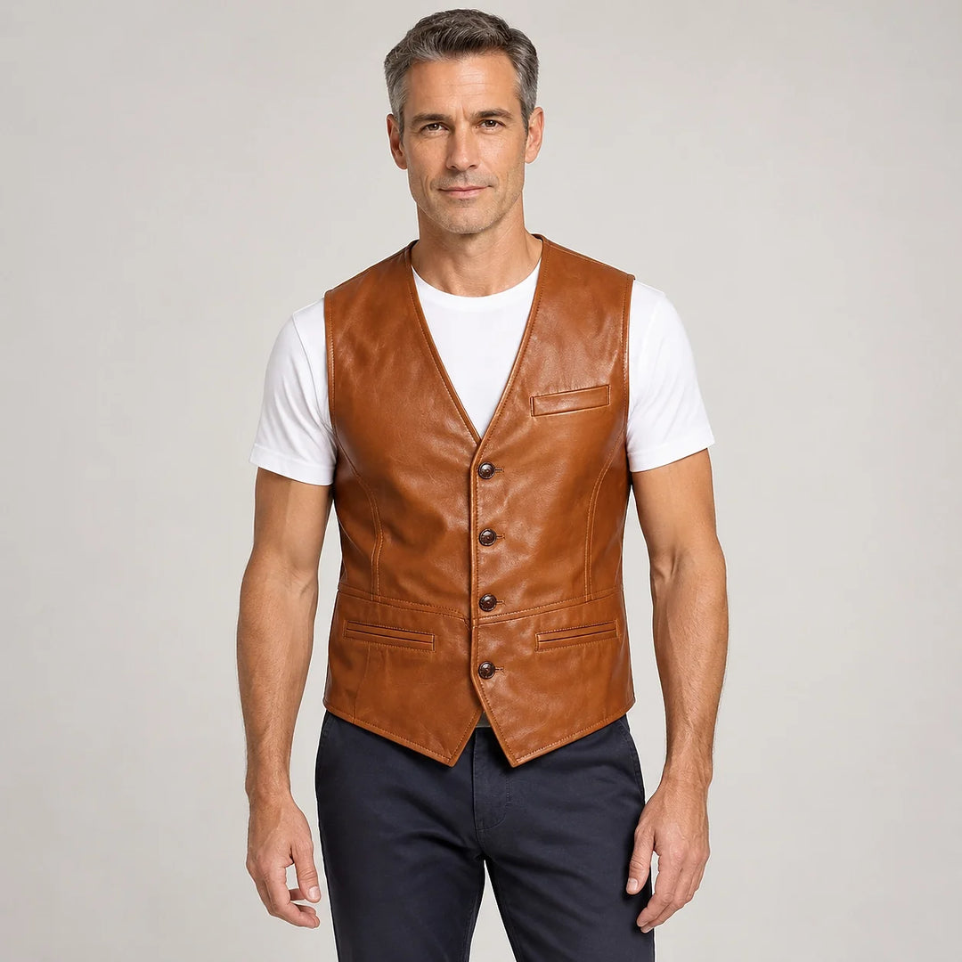 Darro Leather Vest — Brown (apparel front)