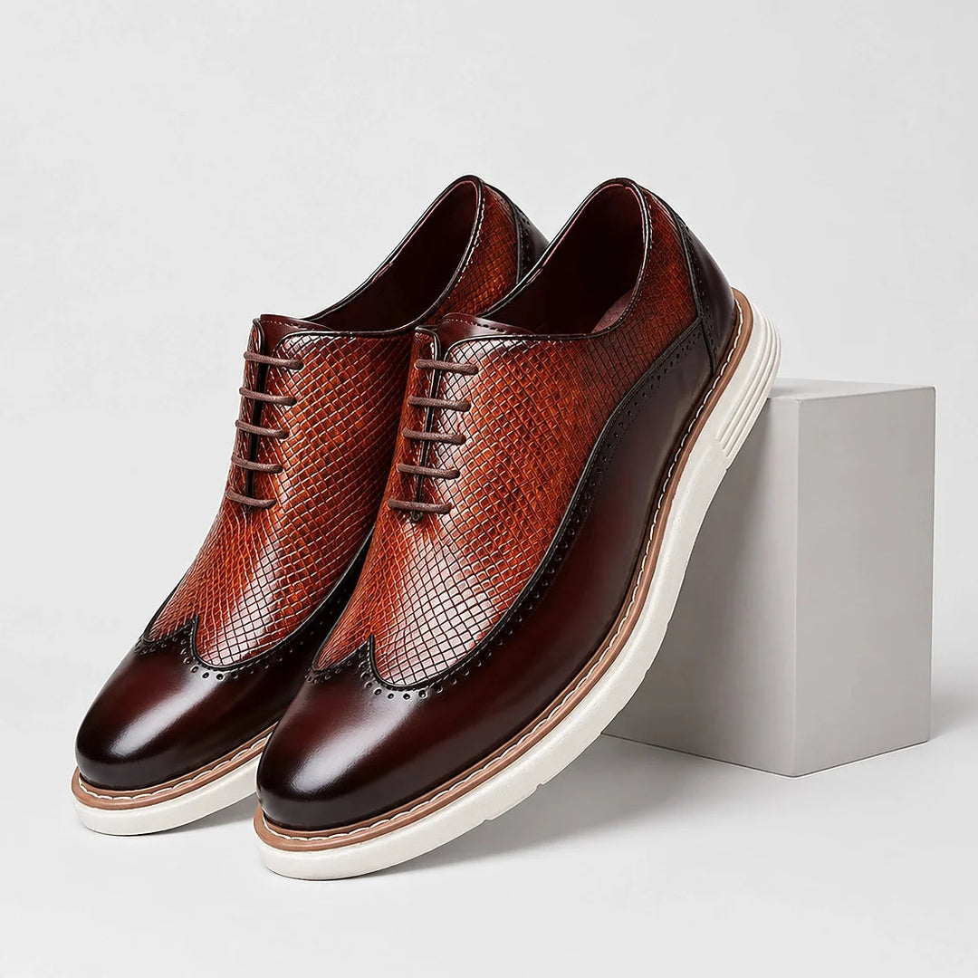 Halston Leather Brogue Oxford — Brown & Burgundy (mens shoe pedestal)