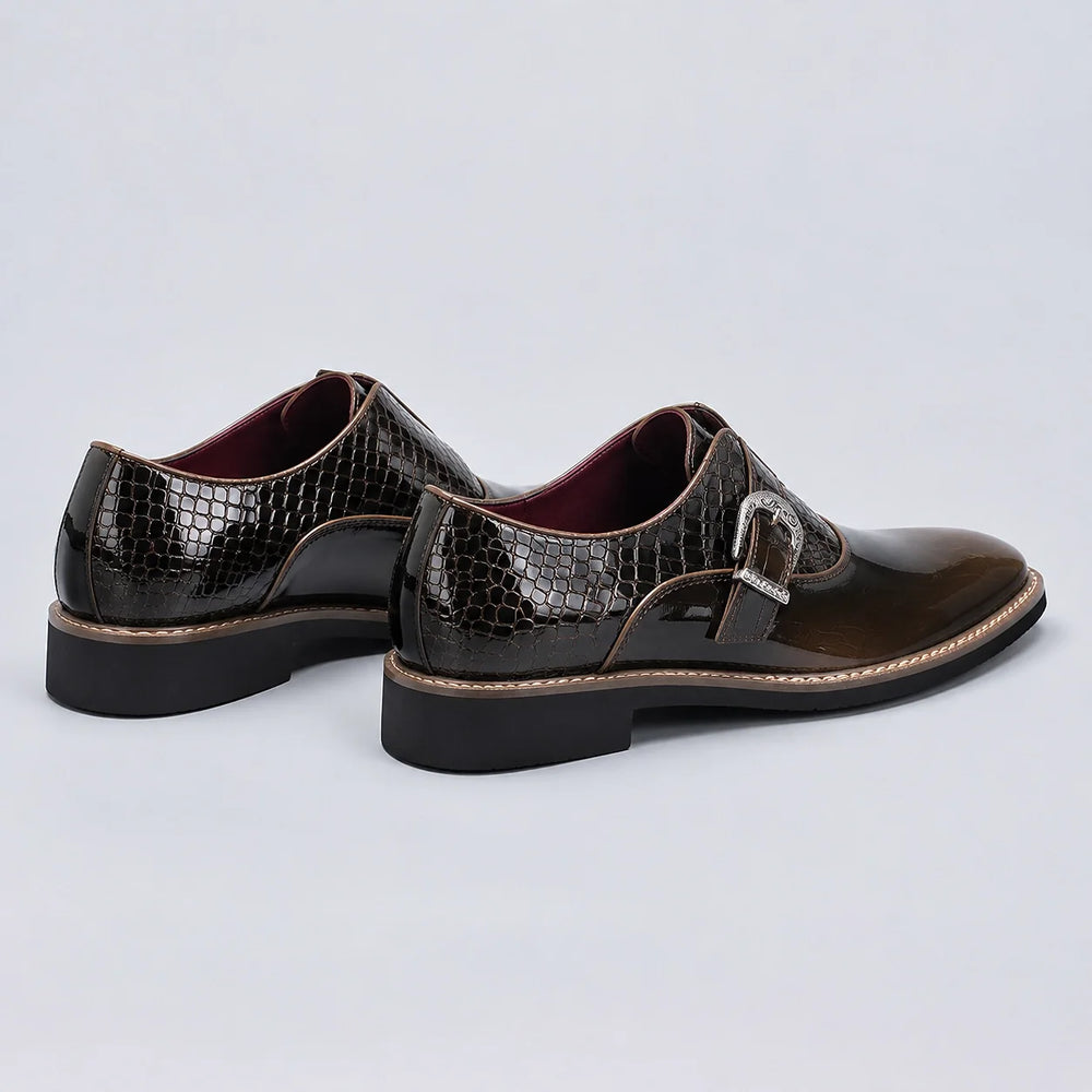 Halcourt Leather Monk Strap Loafers — Brown Crocodile (mens shoe angle)
