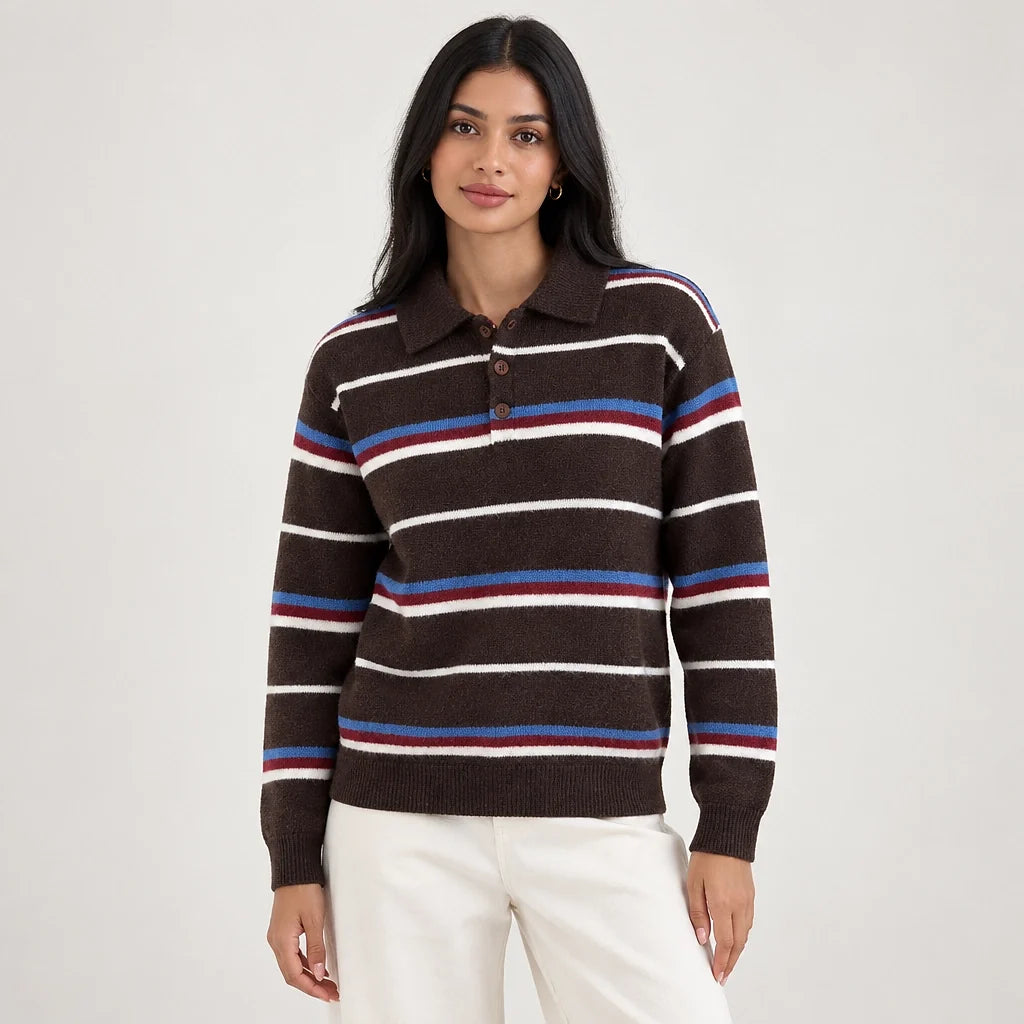 Pelara Striped Polo Sweater — Brown Striped (apparel front)