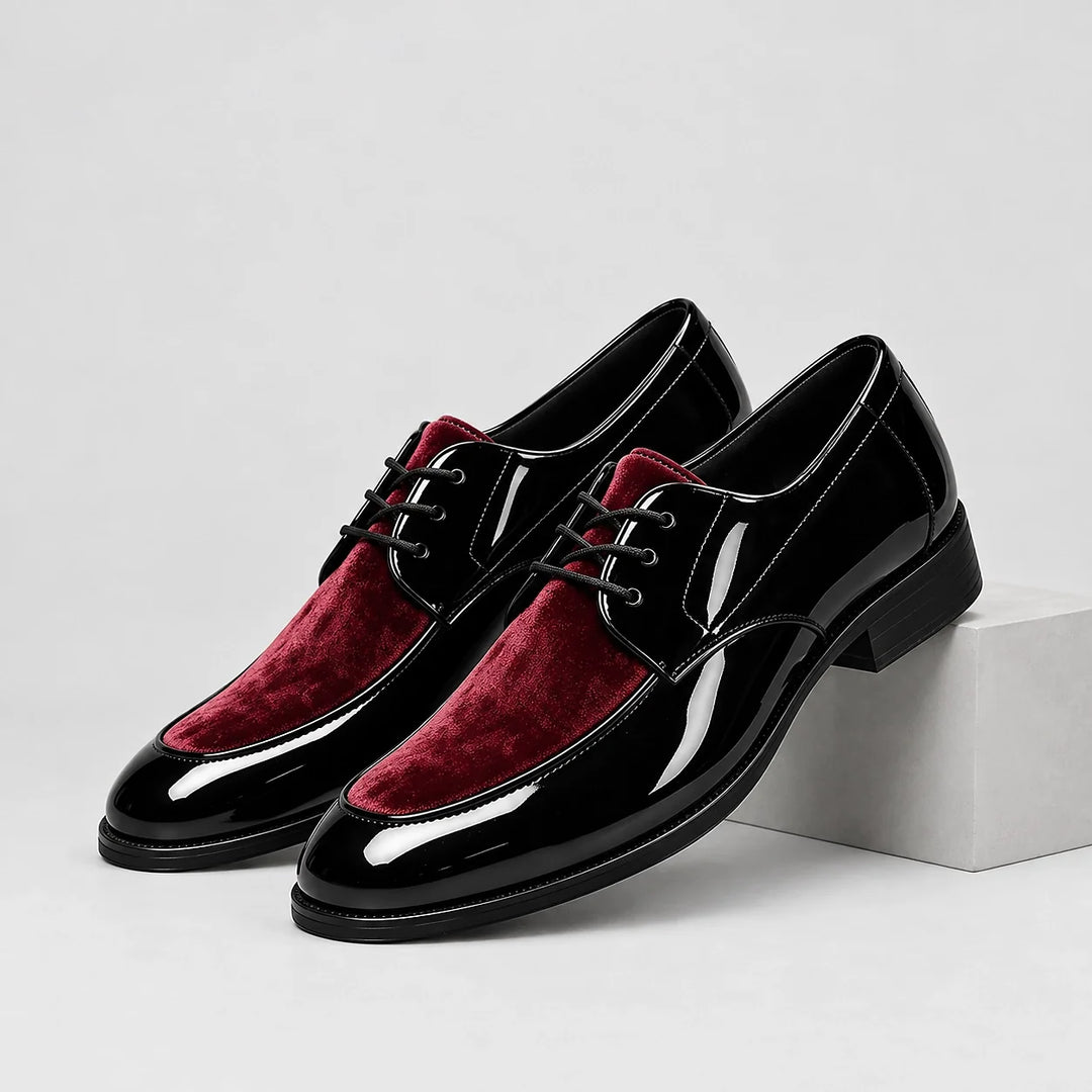 Halvord Leather Derby Oxfords — Burgundy (mens shoe pedestal)