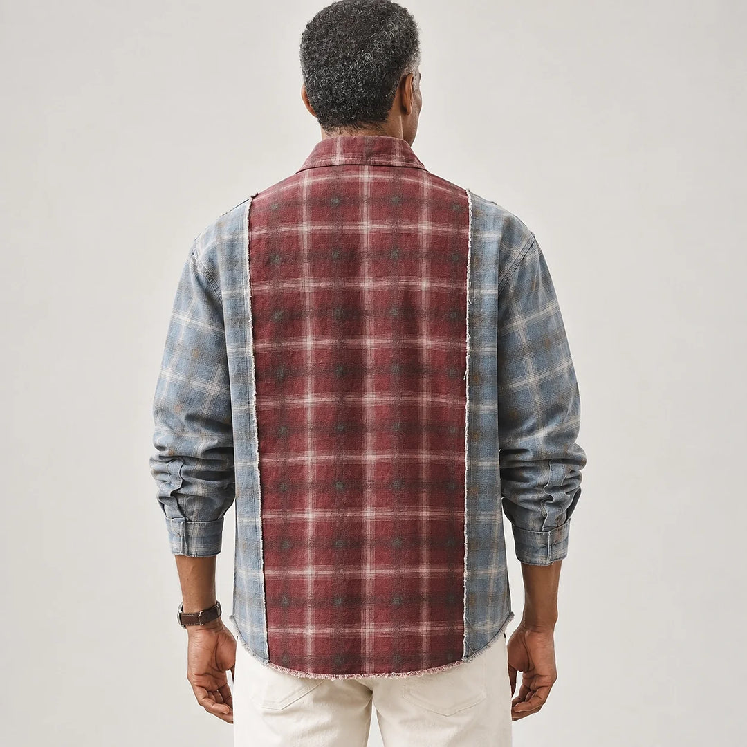 Halcott Cotton Patchwork Shirt — Burgundy Plaid (apparel back)