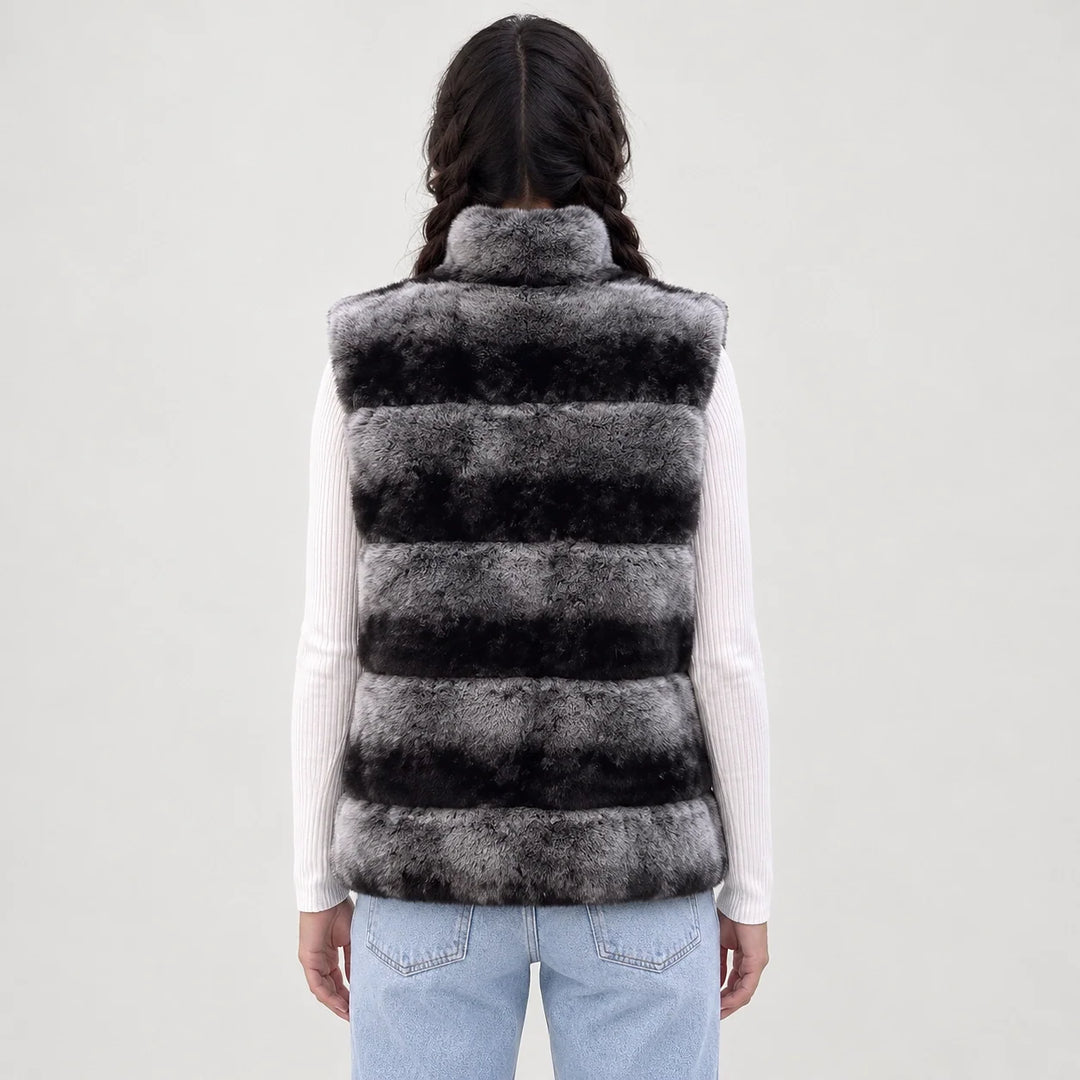 Belara Striped Faux Fur Vest — Charcoal & Black (apparel back)