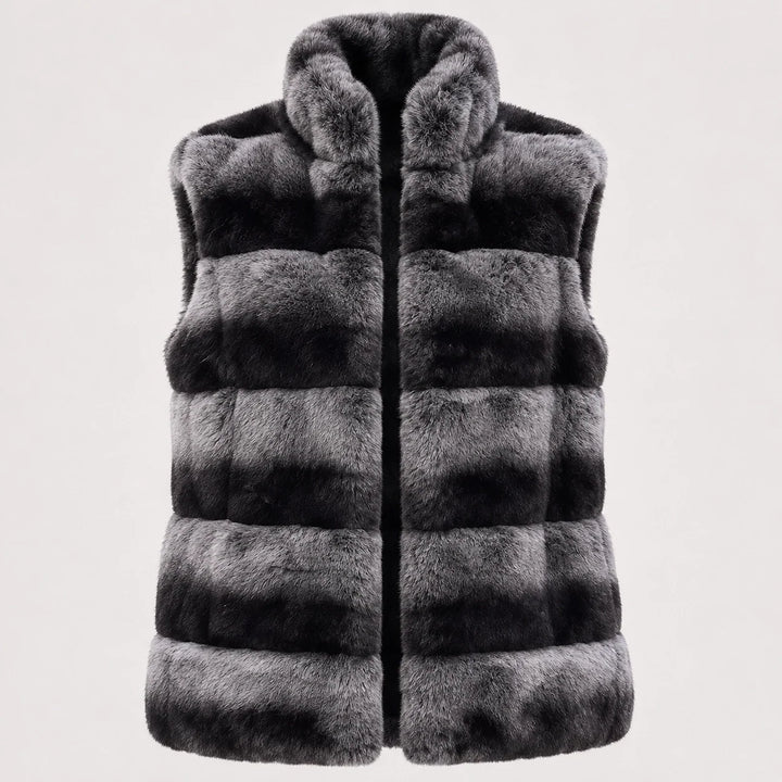 Belara Striped Faux Fur Vest — Charcoal & Black (apparel solo)
