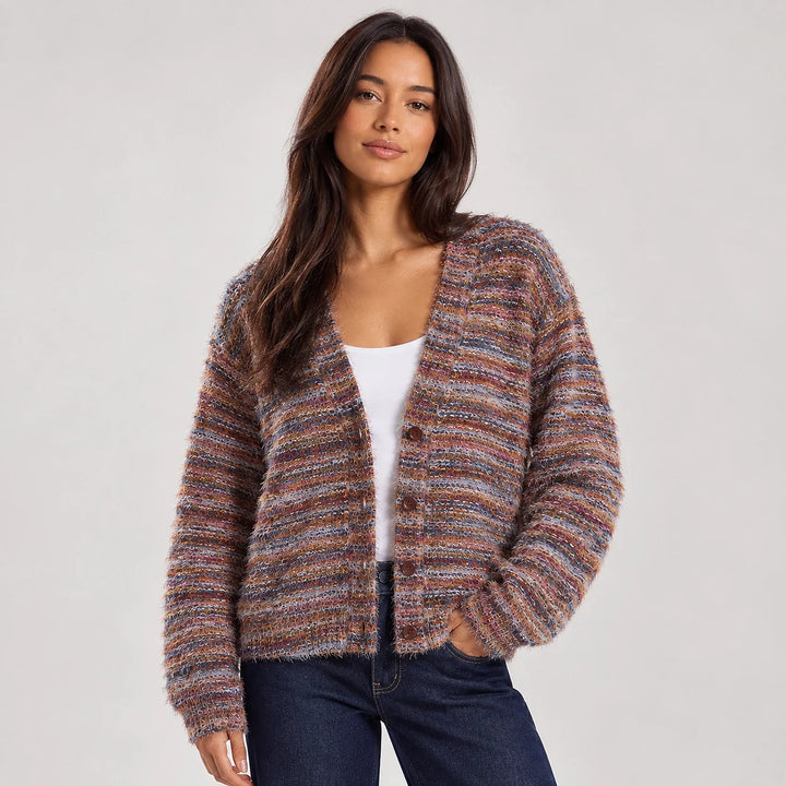 Belara Cotton Blend Cardigan — Charcoal Tweed (apparel front)