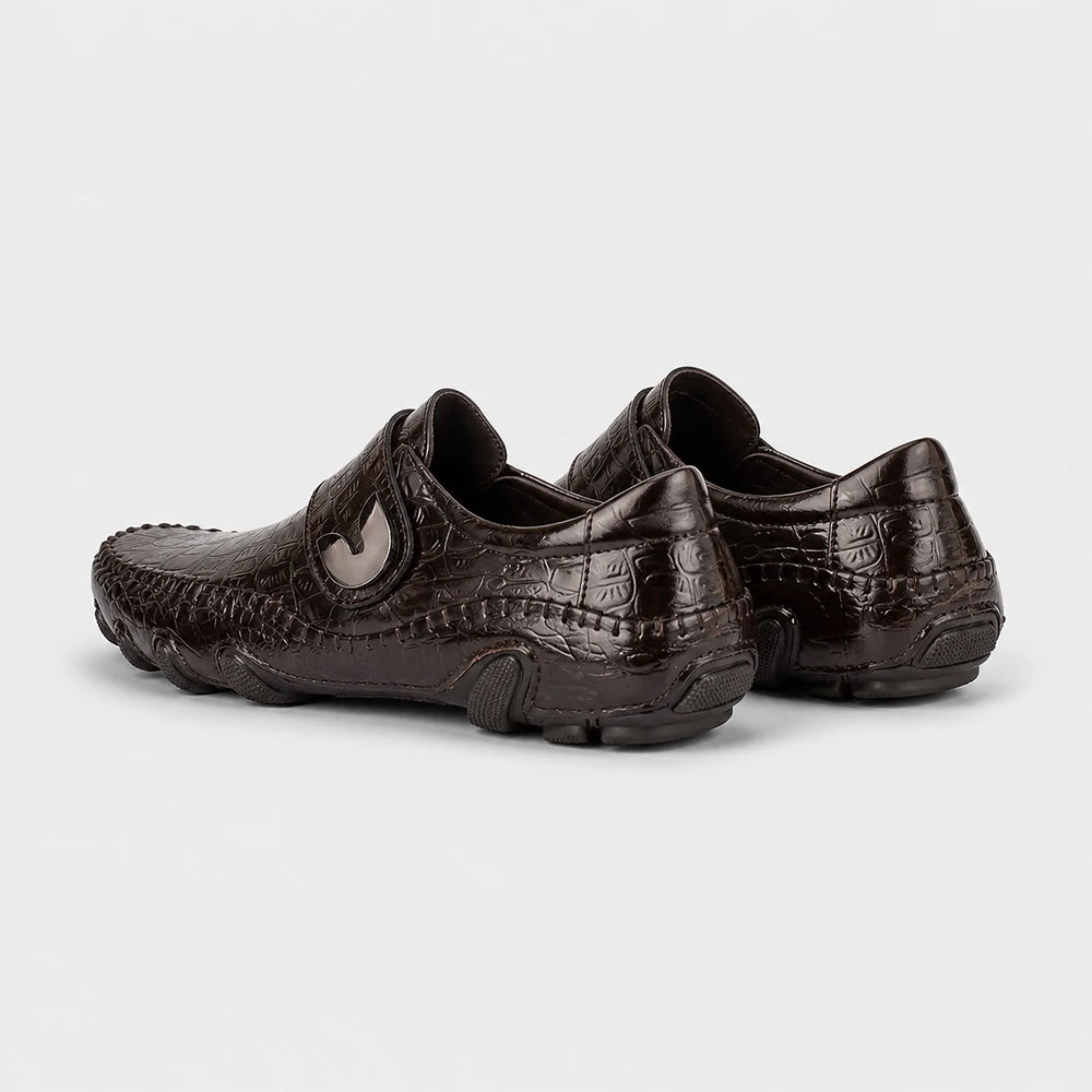 Halston Genuine Leather Loafers — Dark Brown Crocodile (mens shoe angle)