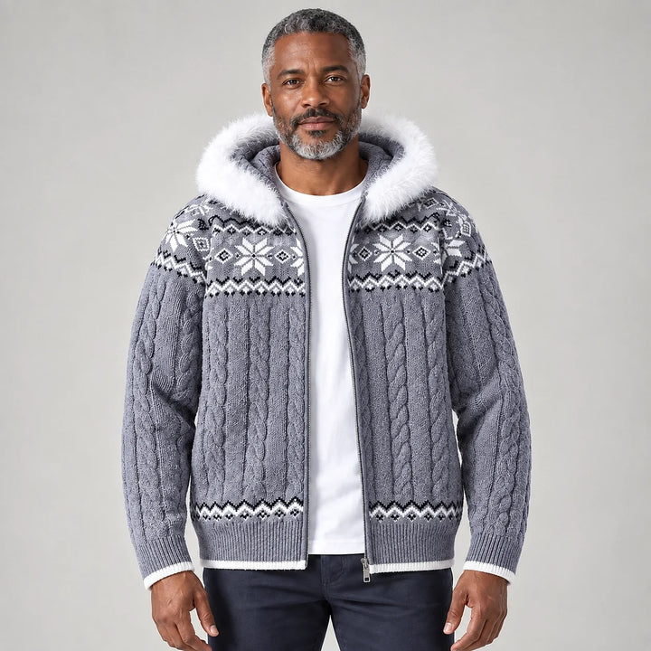 Halvern Cable-Knit Hooded Cardigan — Gray (apparel front)