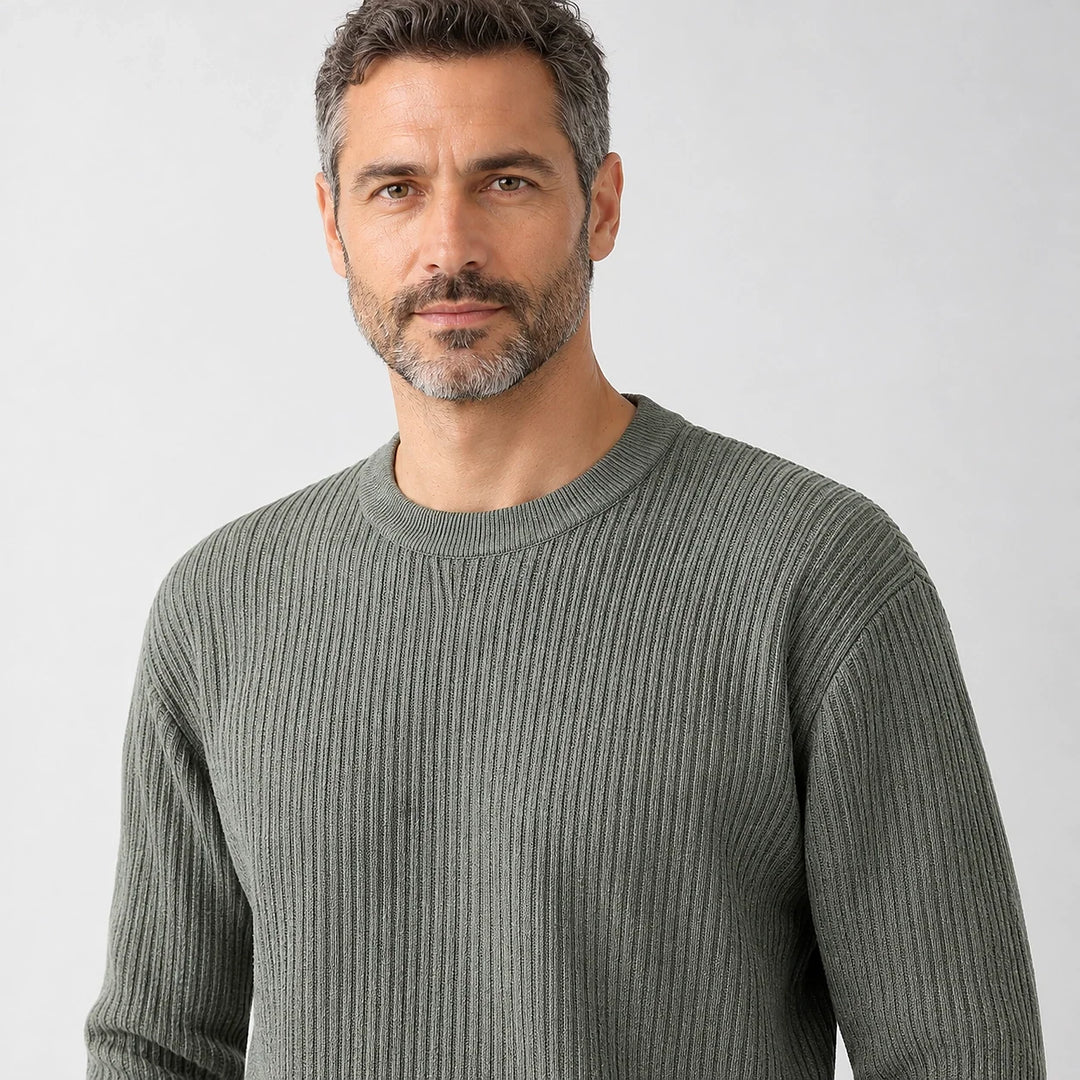 Harlen Ribbed Crewneck Sweater — Gray Green (apparel detail)