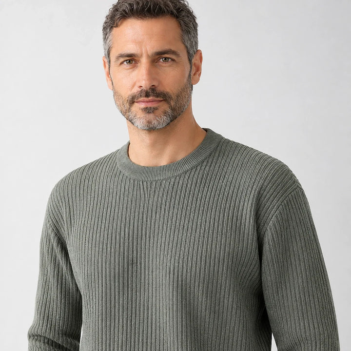 Harlen Ribbed Crewneck Sweater — Gray Green (apparel detail)