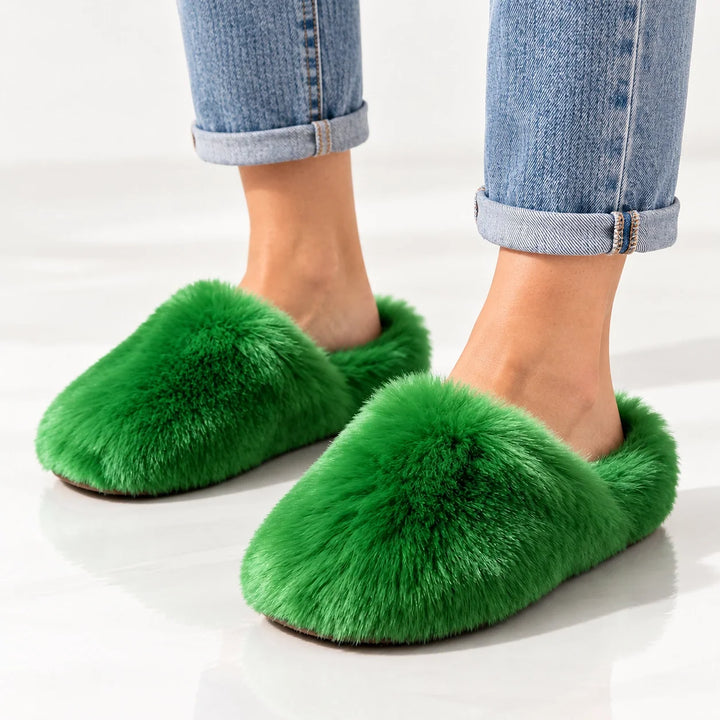 Beluro Plush Slippers — Green (imitation Fox Fur) (womens shoe worn)