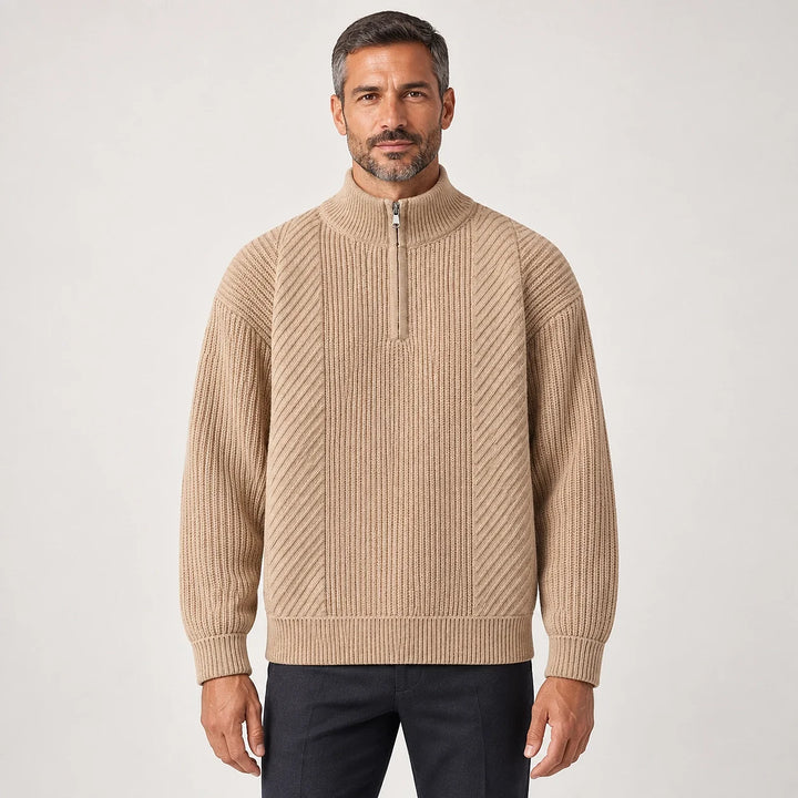 Bruthen Ribbed Half-Zip Sweater — Khaki (apparel front)