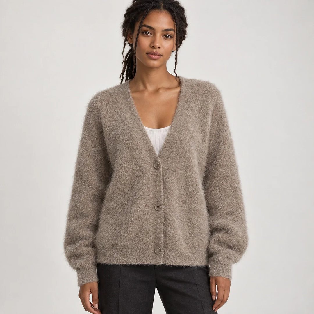 Halvern Fuzzy Knit Cardigan — Khaki (apparel front)