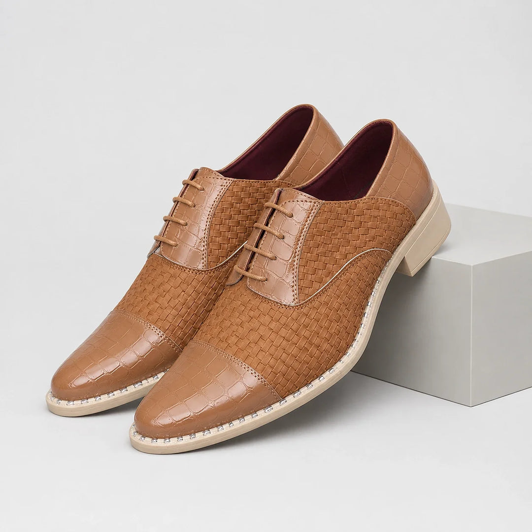 Delvano Leather Oxford Dress Shoes — Khaki (mens shoe pedestal)