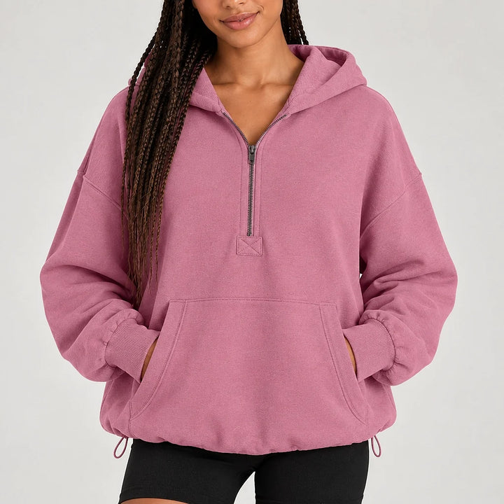 Brelyn Oversized Half-Zip Hoodie — Mauve (apparel detail)
