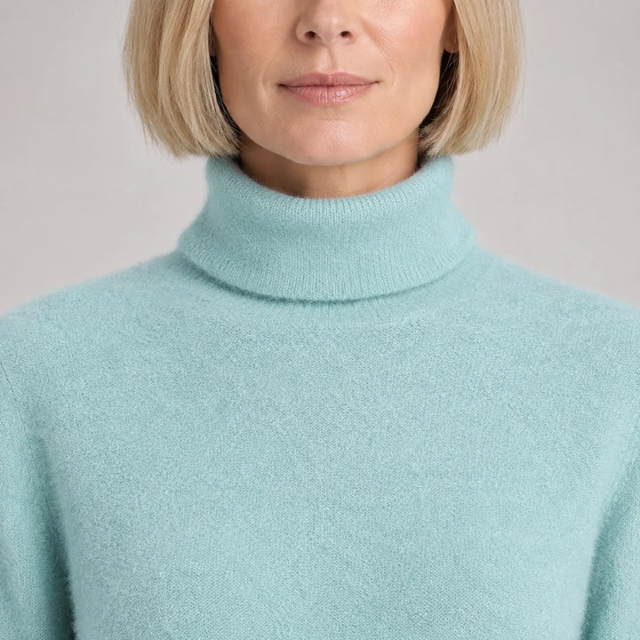Halomi Cashmere Turtleneck Sweater — Mint Green (apparel detail)