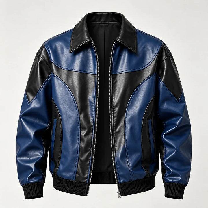 Dovek Leather Bomber Jacket — Navy & Black (apparel solo)