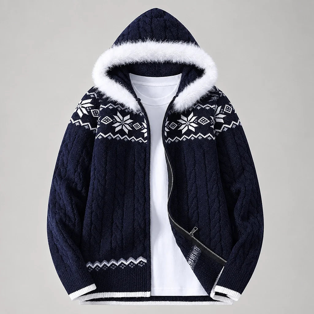 Halvern Cable-Knit Hooded Cardigan — Navy Blue (apparel solo)