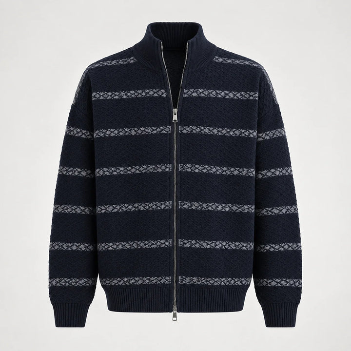 Drevon Striped Knit Cardigan — Navy Blue (apparel solo)