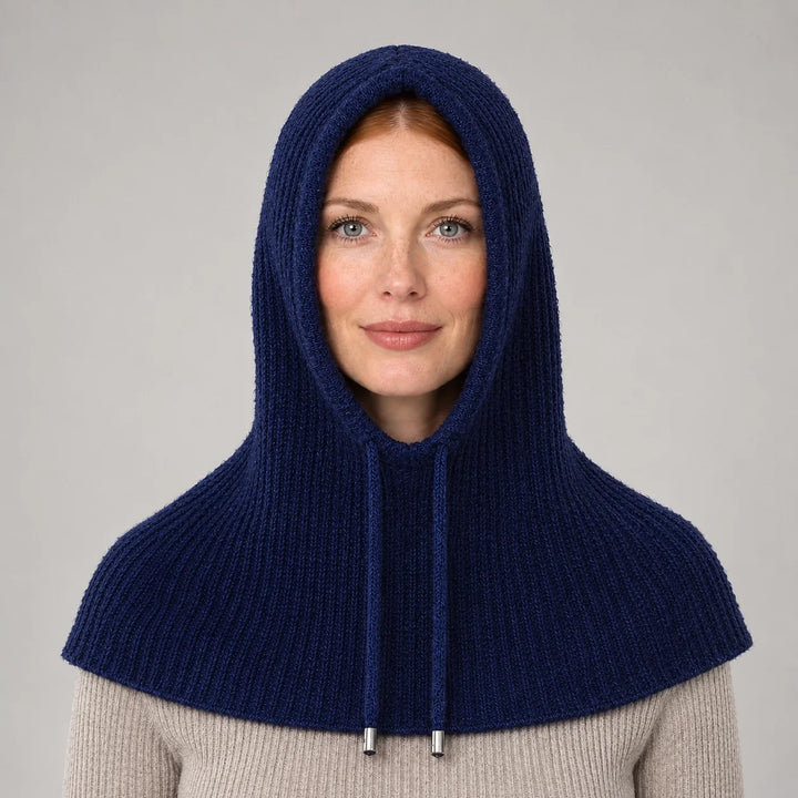 Brynn Wool Blend Balaclava Hood — Navy Blue (headwear model front)