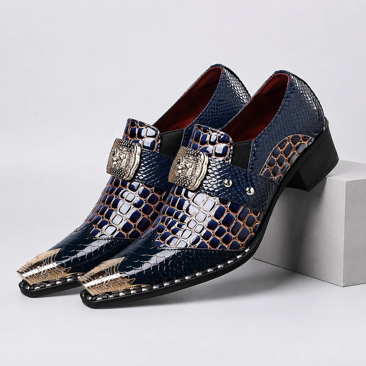 Drakos Leather Monk Strap Loafers — Navy Crocodile (mens shoe pedestal)
