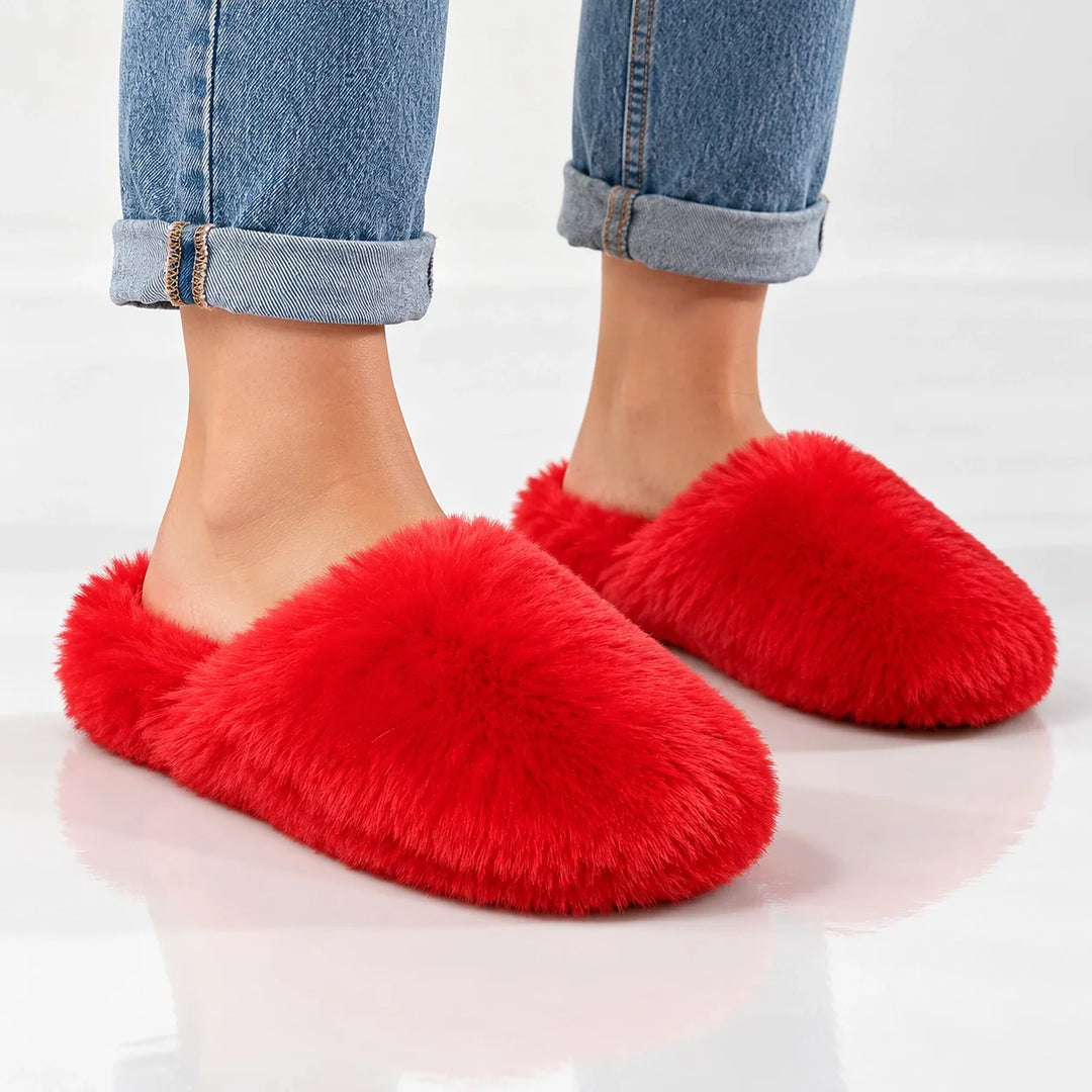 Beluro Plush Slippers — Red (imitation Fox Fur) (womens shoe worn)