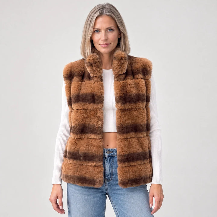 Belara Striped Faux Fur Vest — Tan (apparel front)