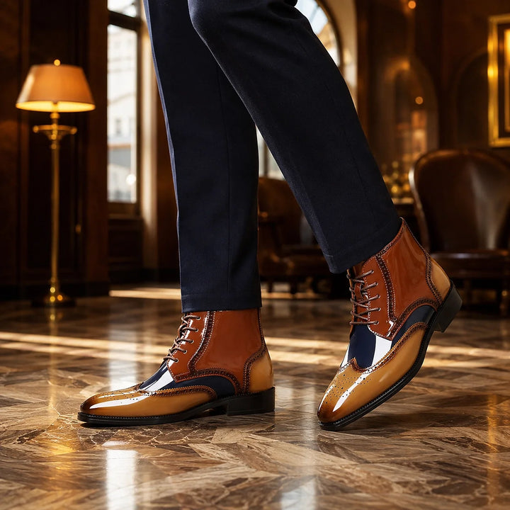 Halloran Leather Brogue Ankle Boots — Tan & Navy & White (footwear environment 1)