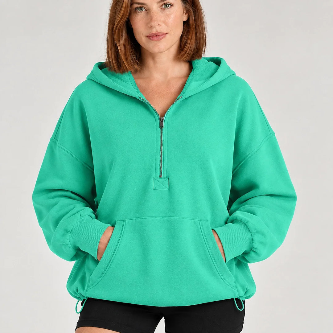 Brelyn Oversized Half-Zip Hoodie — Turquoise (apparel detail)