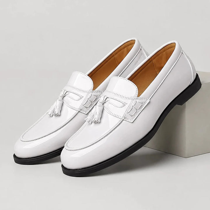 Halcourt Leather Tassel Loafers — White (mens shoe pedestal)