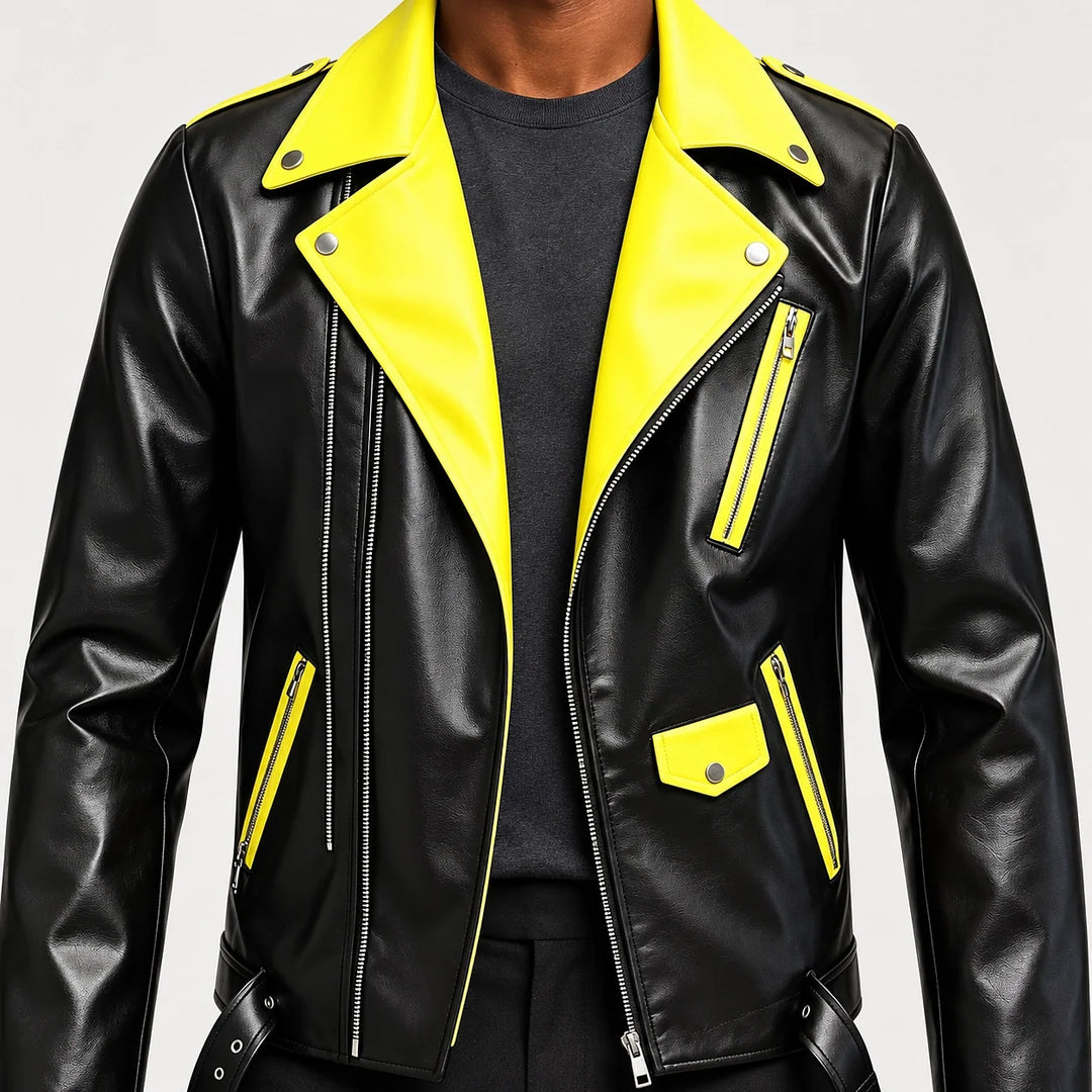 Marovienne Leather Biker Jacket — Yellow (apparel detail)
